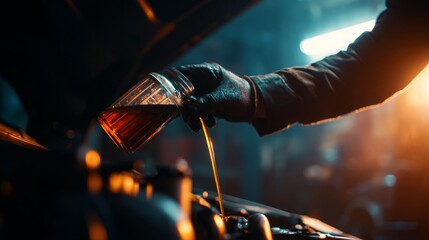 Mechanic pours fresh motor oil during car maintenance procedure now