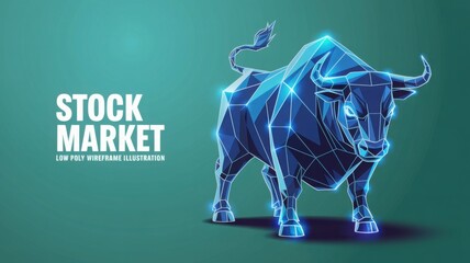 Stock market bull illustration in futuristic style. A low poly bull stands prominently, highlighting financial strength