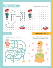Pages for a children's activity book. The theme is a fairytale kingdom. Copy the path, Maze, Find and Circle. Fun activities for preschool children. Vector illustration.