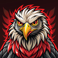Obraz premium Fierce eagle portrait with intense gaze and fiery red winged background