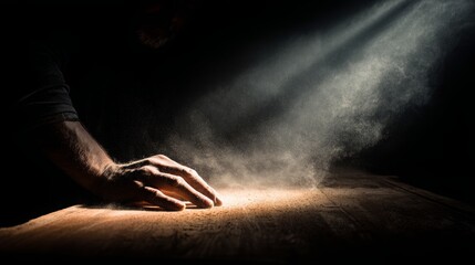 Craftsman's hand touching wood in dramatic light evokes artistry passion