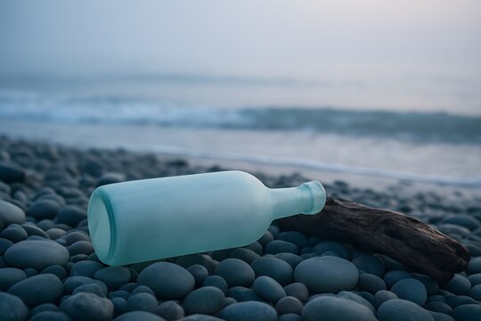 Frosted glass bottle on pebble beach at dusk