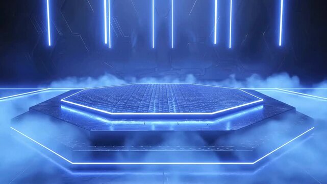 An empty octagonal stage in a futuristic hall illuminated by glowing blue neon lights and surrounded by smoke