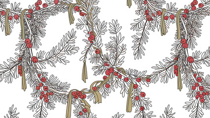 intricate seamless holly and pine line art pattern with red berry and gold ribbon accents