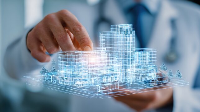 Healthcare Architecture Design: A doctor is meticulously studying a 3D architectural model of a hospital or medical facility, offering a glimpse into the future of healthcare innovation and design.