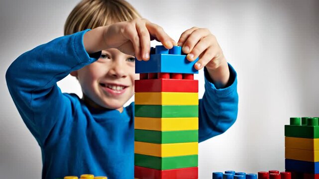 Young child building tall tower with colorful interlocking blocks