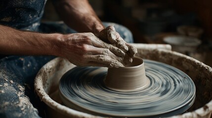 Potter shaping perfect clay vase on spinning wheel with skilled hands