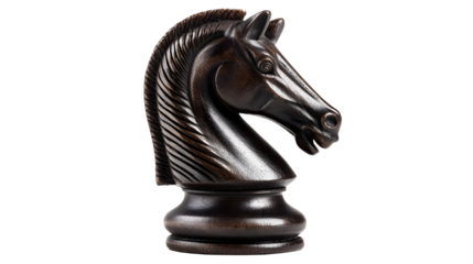 Close up of a dark brown wooden chess knight piece with detailed carving on a black background