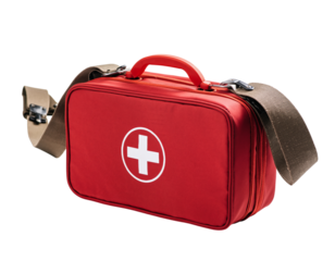 Red First Aid Kit Bag with White Cross Symbol and Shoulder Strap on Black Background Keywords: first aid kit, medical