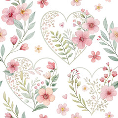 Floral hearts pattern &mdash; heart shapes made of flowers, soft watercolor, seamless spring feel
