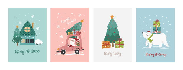 Vector set of Christmas cards with a Christmas tree, Santa in a car, a bear and a house.