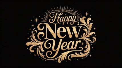 Elegant golden Happy New Year greeting with flourish on black background