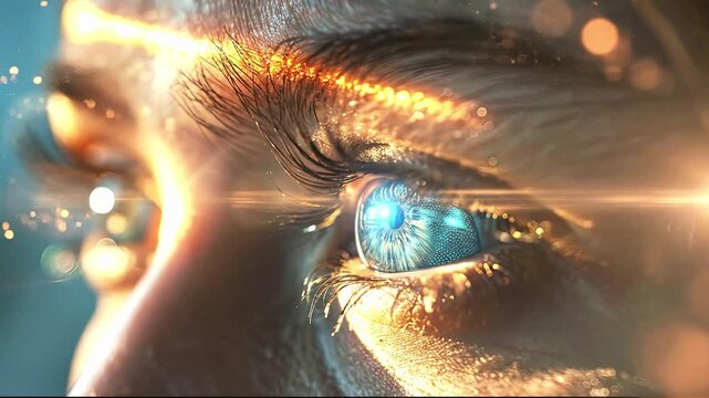 An extreme close-up of a glowing blue bionic eye with a digital iris intersected by a brilliant golden light beam and sparkling particles