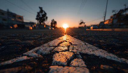 A straight road with an arrow painted on it, leading towards the horizon The sun is setting in the background casting long shadows over cobblestones and asphalt Generative AI