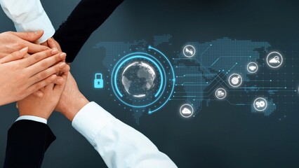 This image depicts diverse hands joining together, symbolizing teamwork in a global network focused on security. The digital elements emphasize cooperation. Raster