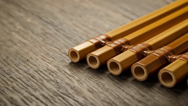 Pan Flute close-up on wooden surface showcases the detail of a traditional wind instrument design