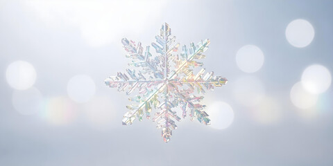 Close-up of a shimmering crystal or glass snowflake, with rainbow light refraction against a bright bokeh background.