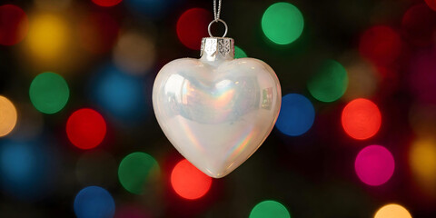 White mother-of-pearl Christmas ornament in the shape of a heart, suspended against a background of bright, multicolored garland lights.