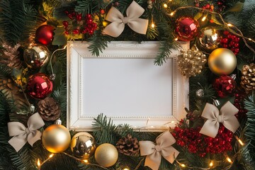 christmas frame with christmas tree Merry Christmas and Happy Holidays greeting card, frame, banner. New Year. Noel. Red and white Christmas decorations and g top view. Winter xmas holiday celebration