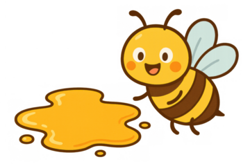 Cute cartoon bee character seeing puddle of golden honey, sweet natural product, transparent background vector illustration