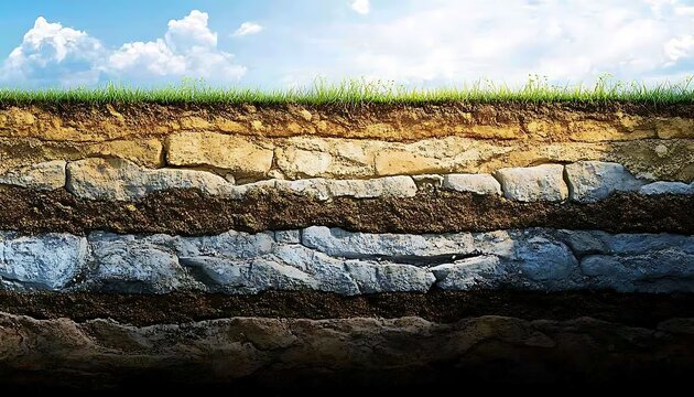 Layered soil strata with grass on top showing earth cross section view