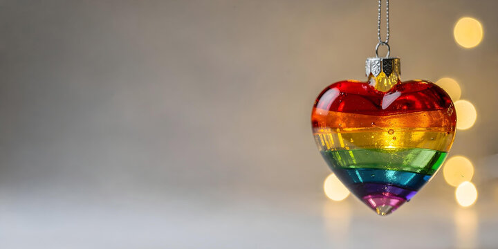 Heart-shaped Christmas ornament in rainbow colors, hanging against a light background with golden bokeh lights.