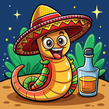 A cheerful cartoon worm wearing a sombrero stands next to a bottle of tequila under the stars