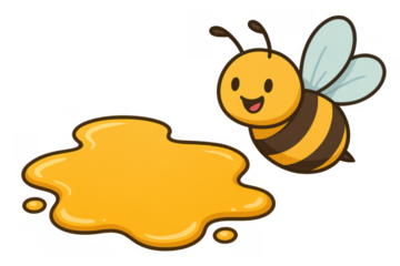 Cute bee flying happily with wing hovering over golden natural honey puddle illustration, transparent background