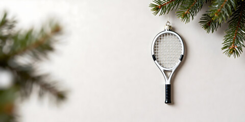 Silver Christmas ornament tennis racket, suspended from a spruce branch against a neutral light background.