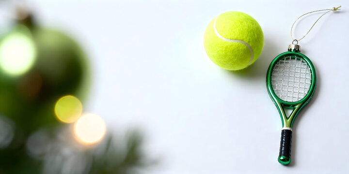 Bright yellow tennis ball and Christmas ornament racket with a green rim, lying on a white background next to blurred decorations. - Powered by Adobe