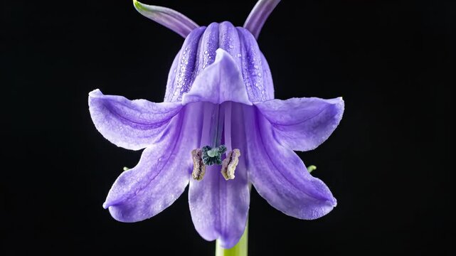 A gentle macro time-lapse of a bluebell bud slowly opening into soft bell-shaped petals. Subtle gradients, delicate curves and natural blooming motion stand out clearly against a deep black backgrou