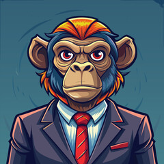 Stylized portrait of a serious chimpanzee dressed in a sharp business suit and red tie