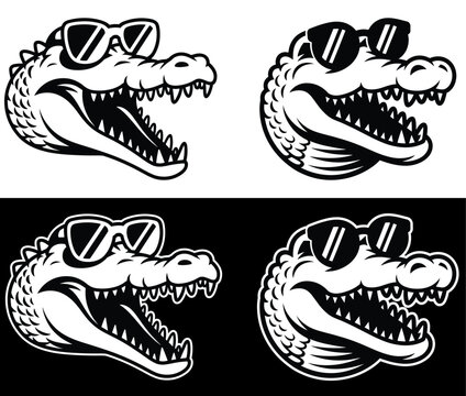 Black and white alligator head wearing sunglasses open mouth sharp teeth crocodile reptile