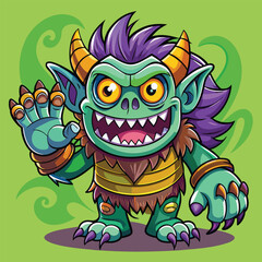 Fototapeta premium Friendly cartoon green monster with purple hair and sharp teeth waving hello