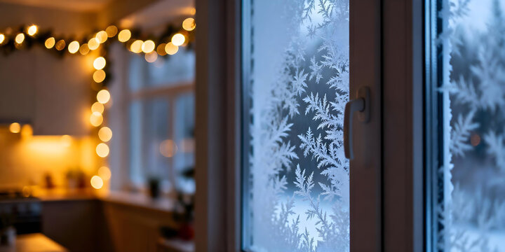 Frost pattern in the shape of snowflakes on a window pane, through which a warm interior decorated with garlands is visible.
