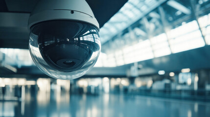 Security camera monitors busy airport terminal during daytime for enhanced safety and surveillance Generative AI