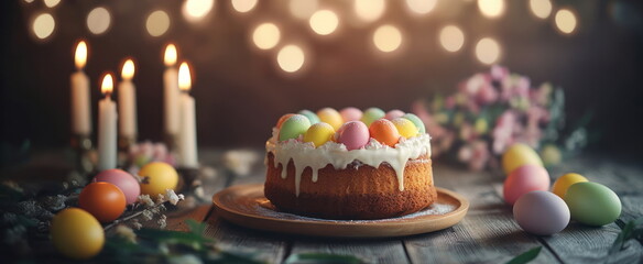 Colorful Easter cake with candy eggs on a wooden table decorated with candles and flowers during spring evening Generative AI