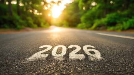 New beginnings marked by the year 2026 on a quiet road surrounded by trees during sunset Generative AI