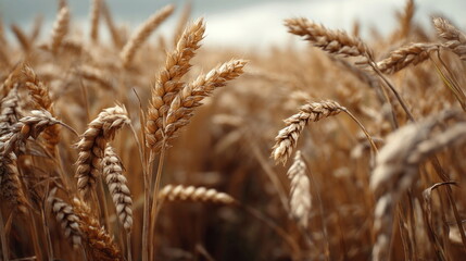 Golden wheat stalks sway gently in the breeze under a cloudy sky in a rural field during late summer days Generative AI