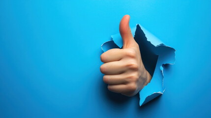Hand giving thumbs up emerging from torn blue paper background during a creative expression moment Generative AI