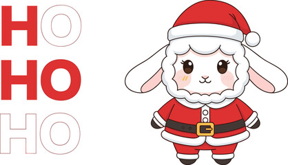 Christmas lamb in Santa outfit, cute holiday character, HO HO HO text design, festive cartoon icon, flat vector illustration