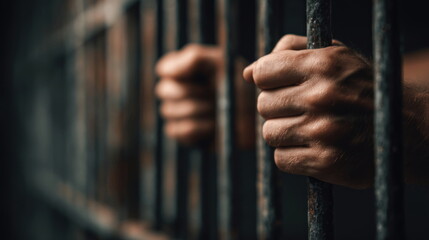 Hands grip metal bars in a dimly lit space during nighttime inside a prison cell Generative AI