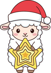 Christmas sheep with Santa hat and star, cute holiday character, festive cartoon icon, cheerful pose, flat vector illustration