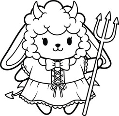 Devil sheep cartoon character, cute mischievous design with trident, pink costume and horns, fantasy icon, flat vector illustration
