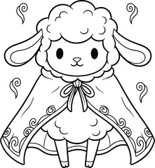Fantasy sheep in magical cloak, whimsical cartoon character, swirl pattern design, cute animal icon, flat vector illustration