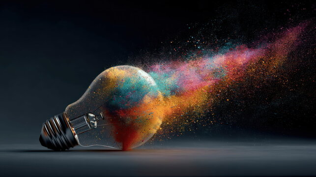 Bright bulb releases colorful powder with an explosion of hues in a dark setting Generative AI