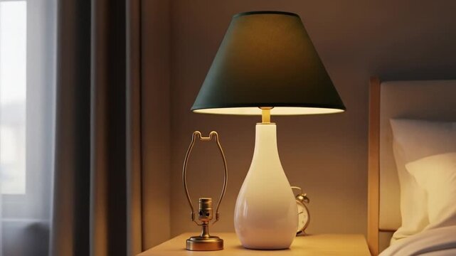 Peaceful Bedroom Interior with bedside table and lamp and Cozy Lighting in a Residential Setting