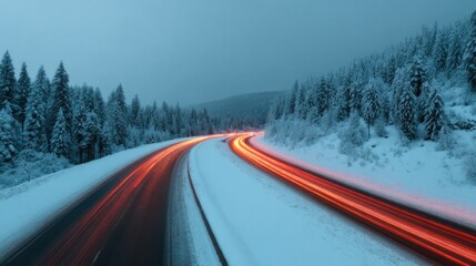 Winding road through snowy landscape illuminated by car lights a