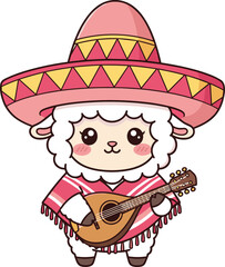 Sombrero sheep playing mandolin, festive cartoon character, Mexican costume icon, musical animal pose, cheerful design, flat vector illustration
