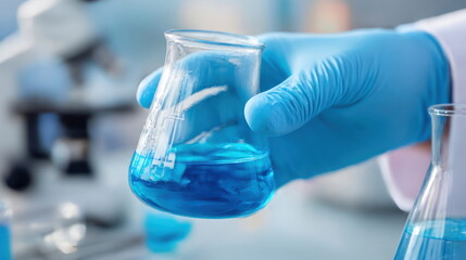 Scientist holds a beaker with blue liquid in a laboratory setting during day Generative AI